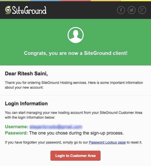 SiteGround Purchase Notification