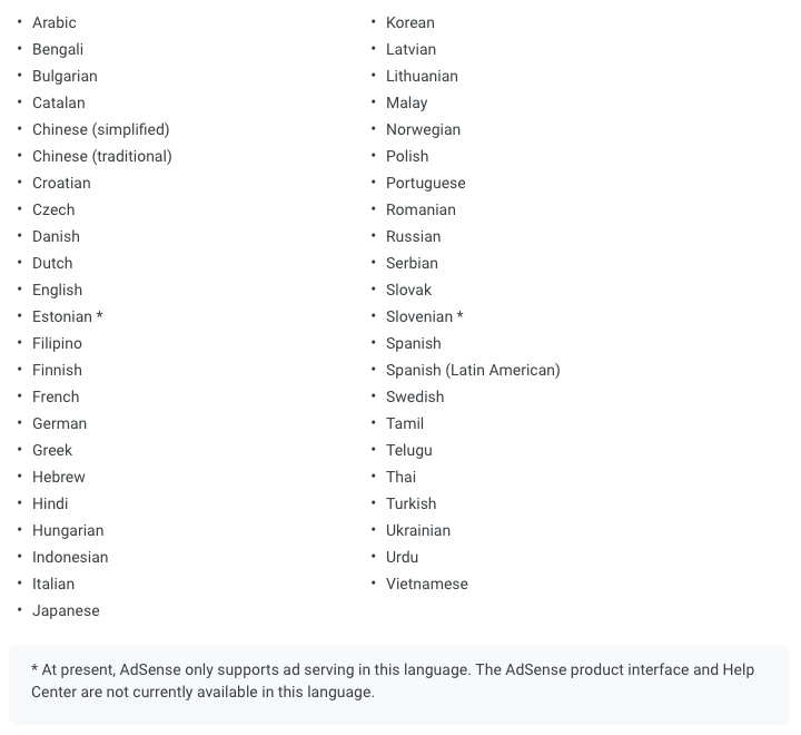 AdSense Supported Languages
