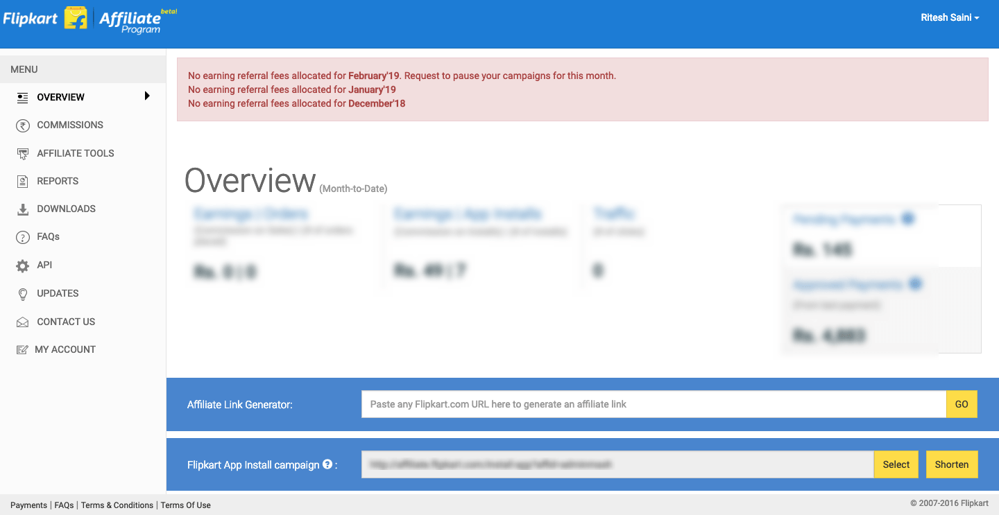 Flipkart Affiliate Dashboard No Earning Referral Fees Allocated