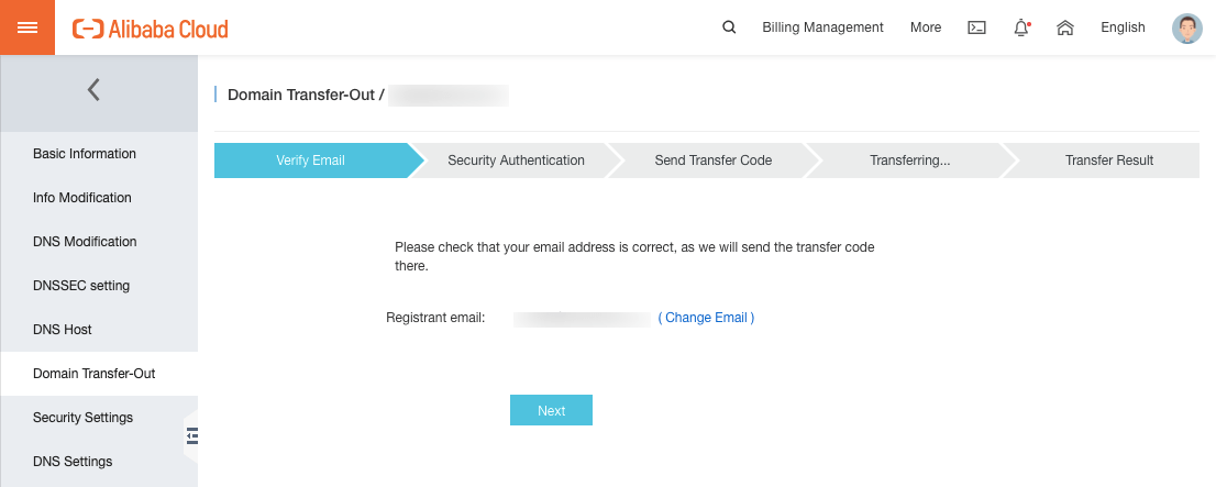 Alibaba Cloud Domain Transfer-Out