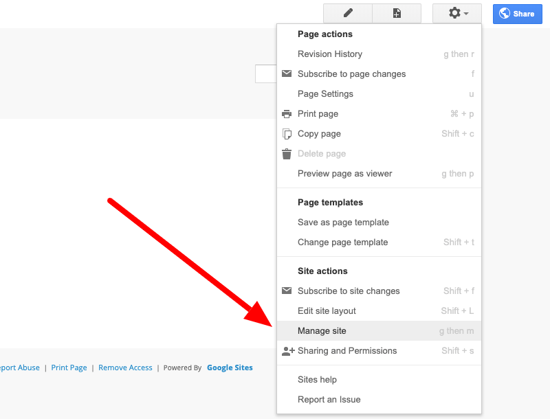 Google Sites Manage Site