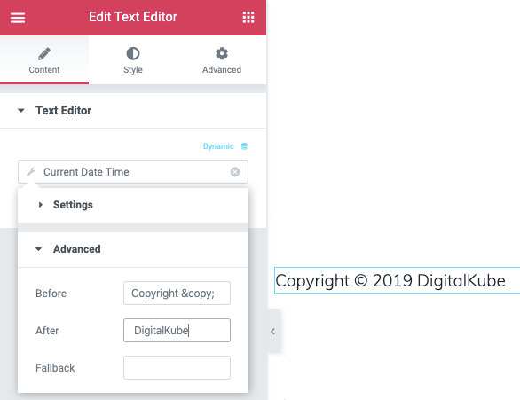 Elementor Text Editor Copyright Text