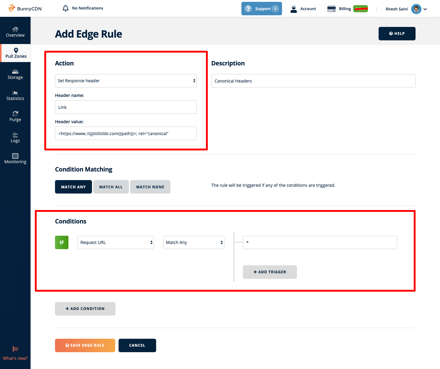 BunnyCDN Canonical Header Edge Rule