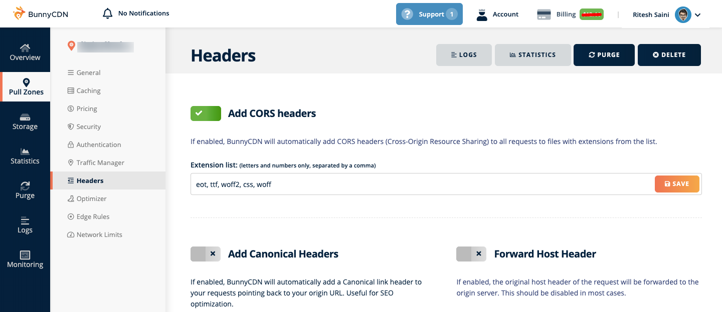 BunnyCDN Headers Settings