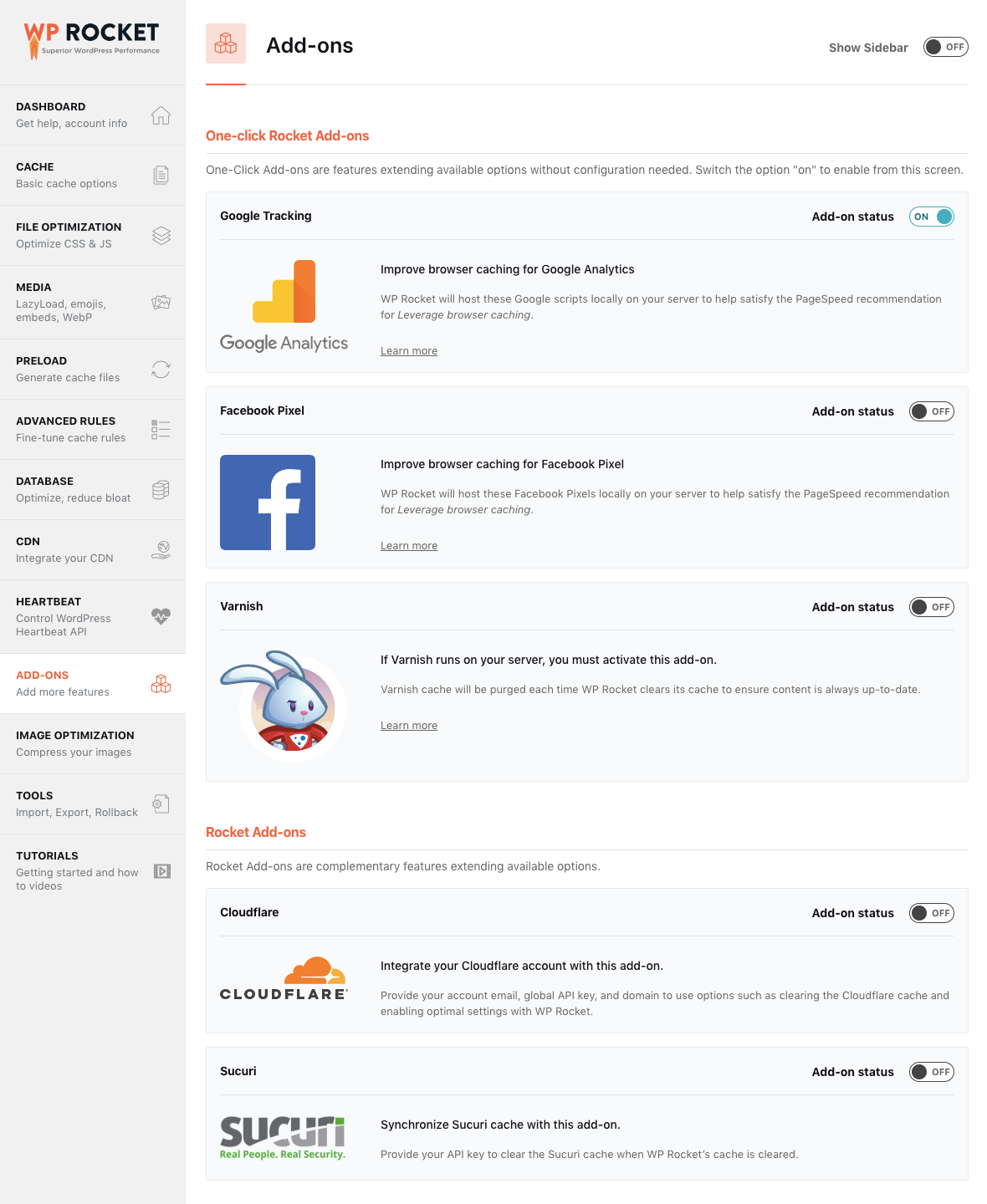 WP Rocket Add-ons Settings