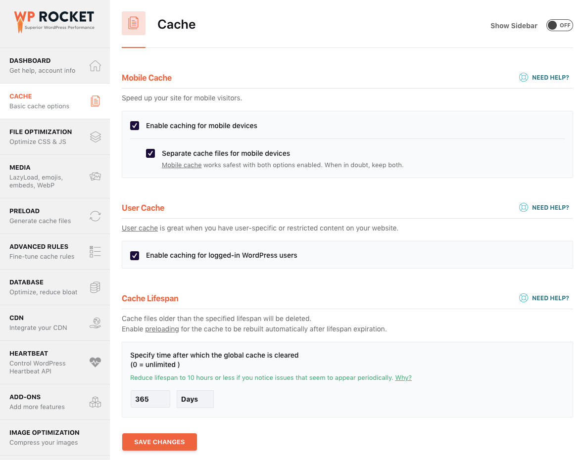 WP Rocket Cache Setting