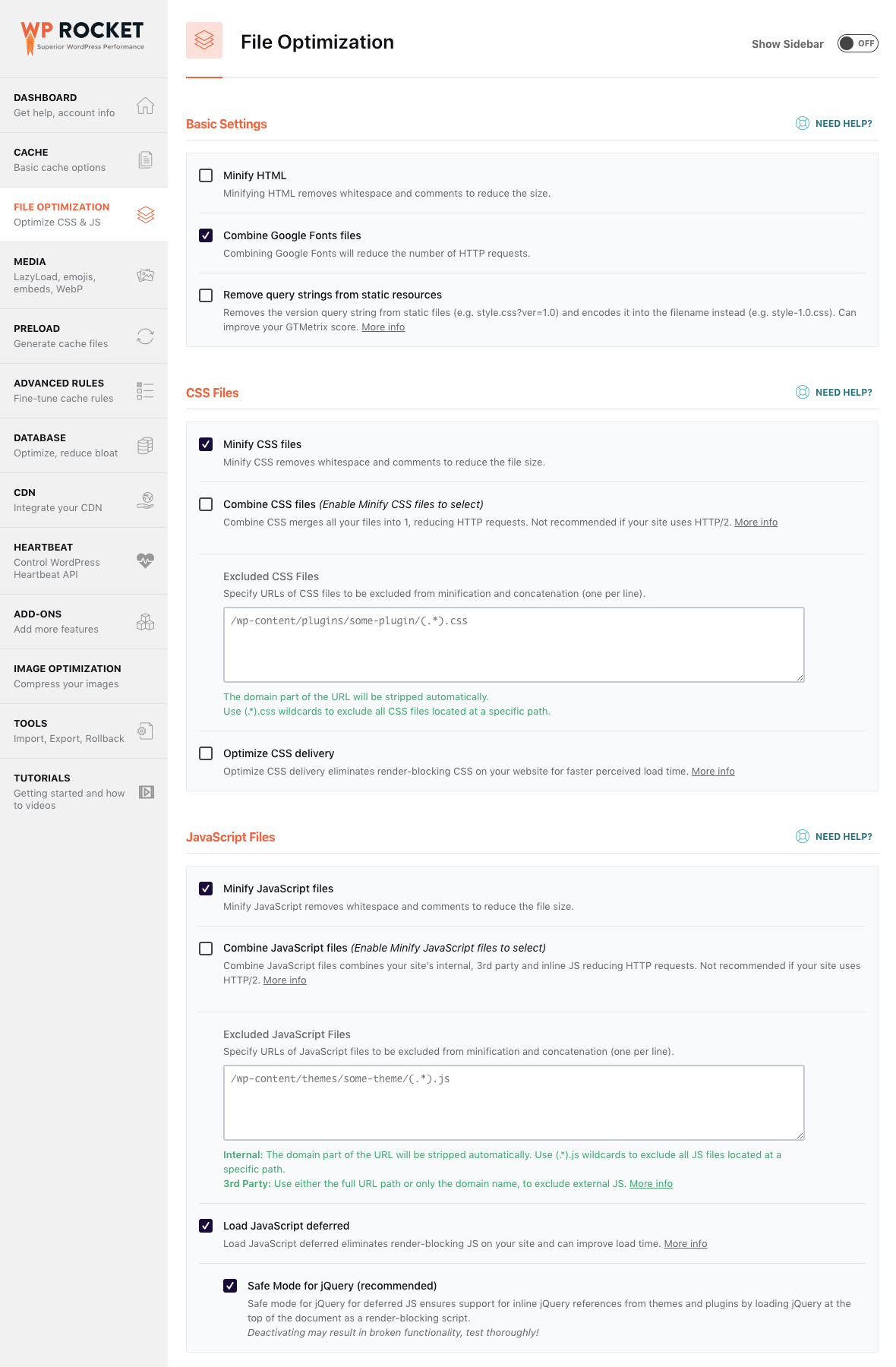 WP Rocket File Optimization Settings