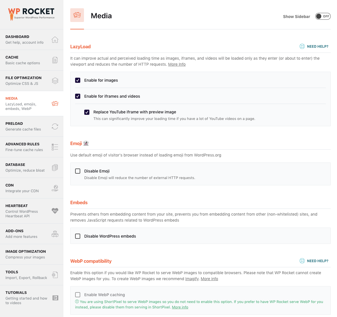 WP Rocket Media Settings