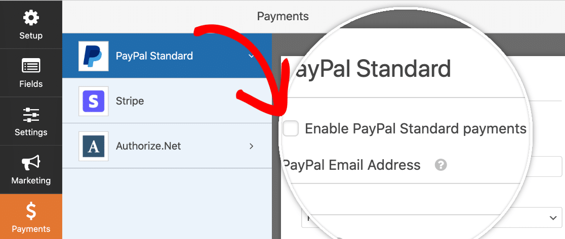 WPForms check the enable PayPal payments box